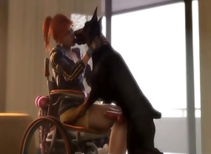 This girl looks like an Oracle and she is alone with a dog